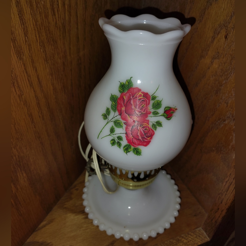 Vintage Floral  Hurricane Hobnail White Milk Glass Electric Lamp  W/ Ring Holder